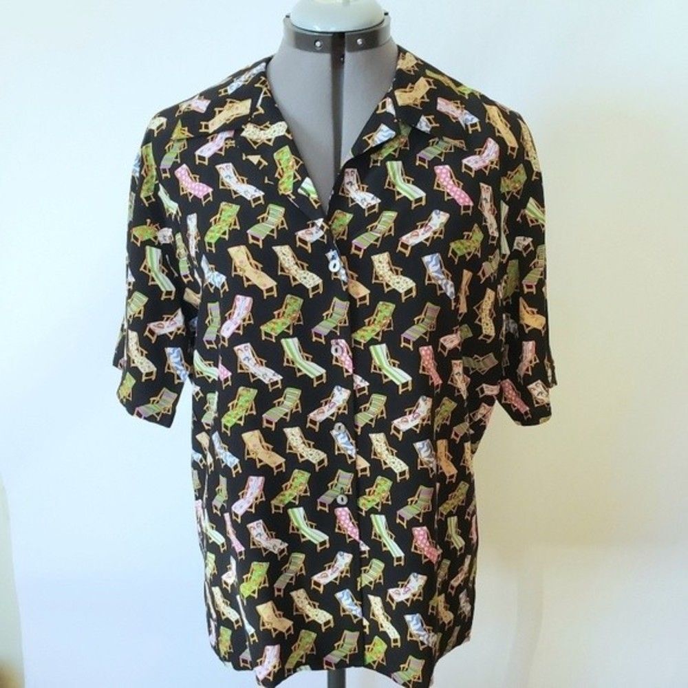 Ishyu Silk Beach Chair Top Button Down Short Sleeve Size 12 - So Adorable!